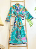 Quilted Unisex Cotton Reversible Long Winter Dressing Kimono Robe Boho Block-Quirky Blue Aqua Cosy
