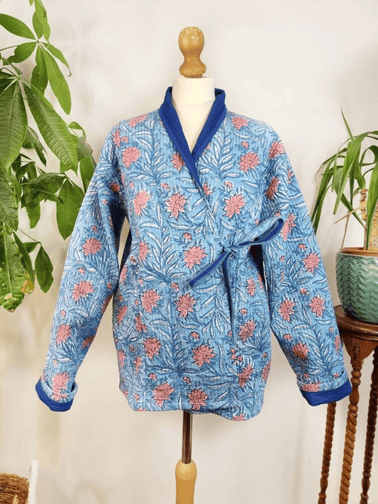 Cotton quilted open jacket with dori Blue with peach lily
