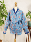 Cotton quilted open jacket with dori Blue with peach lily