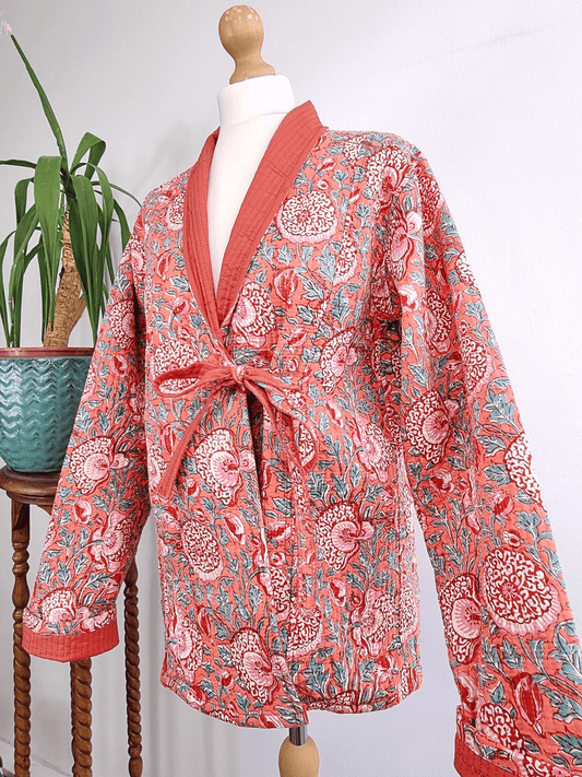 Cotton quilted open jacket with dori Peach