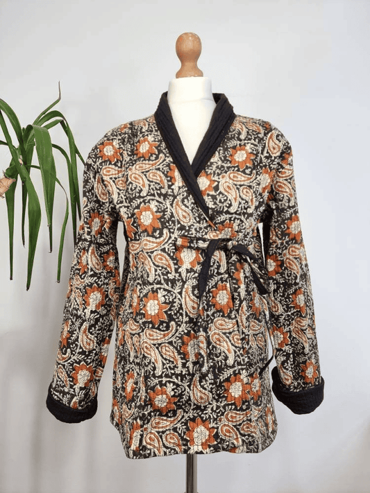 Cotton quilted open jacket with dori Black