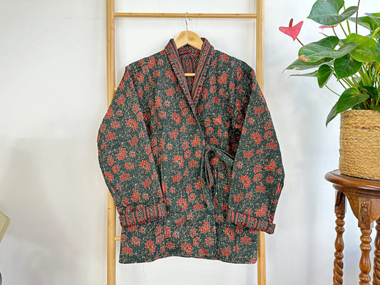 Cotton quilted open jacket with dori Olive green
