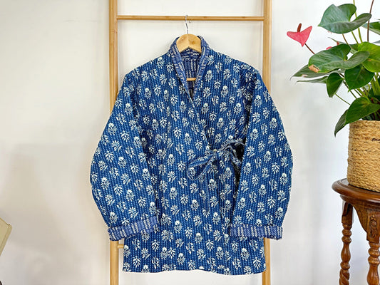 Cotton quilted open jacket with dori blue with small motif
