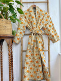 Quilted Unisex Cotton Reversible Long Winter Dressing Kimono Robe Boho Blockprint Classic Marigold Yellow Bloom Green Leaves