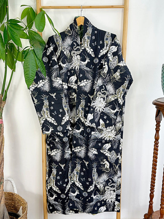 Quilted Unisex Cotton Reversible Long Winter Dressing Kimono Robe Boho Block- Black Green Forest Lover