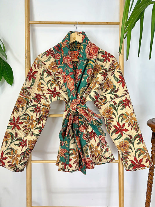 Cotton quilted open jacket Green Maroon Red Beige Botanical
