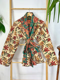 Cotton quilted open jacket Green Maroon Red Beige Botanical