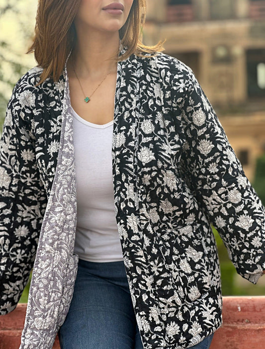 Cotton quilted open jacket Black Grey White Floral Gardenia