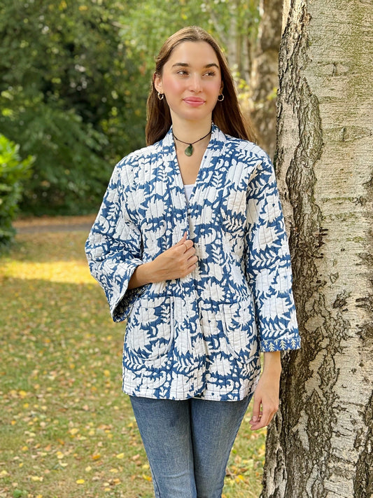 Cotton quilted open jacket Mint Blue with white flora