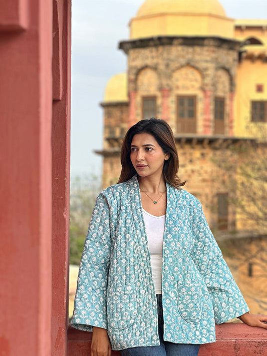 Cotton quilted open jacket Pastel Slated Aqua Mughal Motif