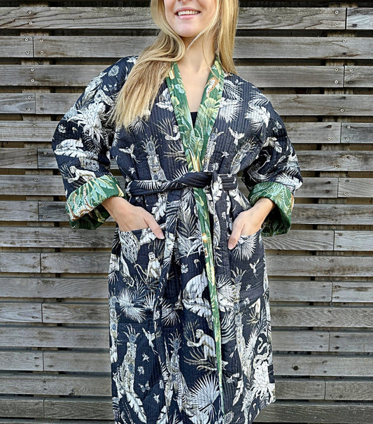 Quilted Unisex Cotton Reversible Long Winter Dressing Kimono Robe Boho Block- Black Green Tiger Monkey