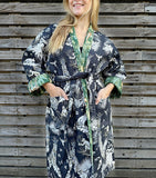 Quilted Unisex Cotton Reversible Long Winter Dressing Kimono Robe Boho Block- Black Green Tiger Monkey