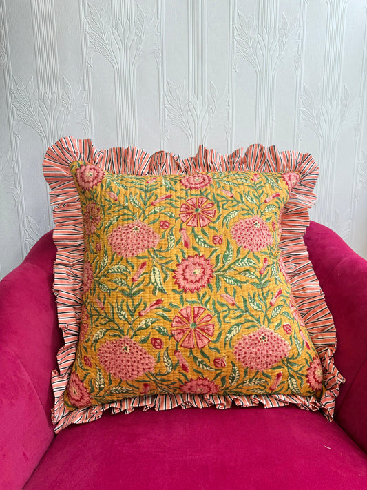 Quilted Cushion Cover Yellow frill with  Red marigold flowers