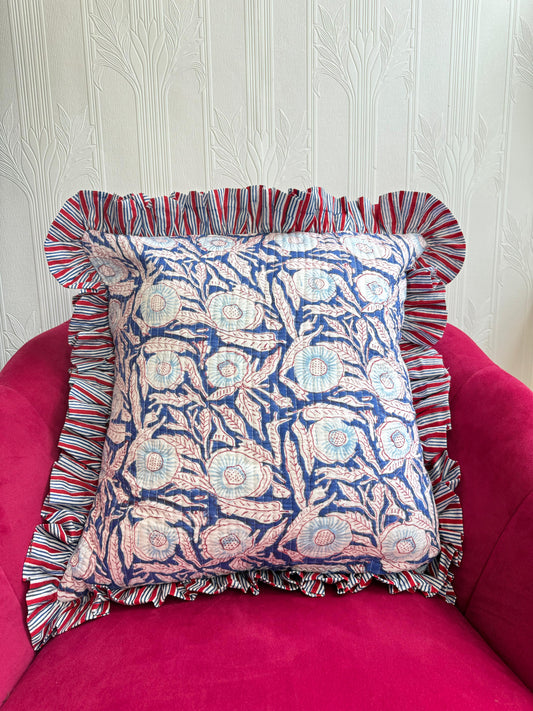 Quilted Cushion Cover Blue with sky blue flowers