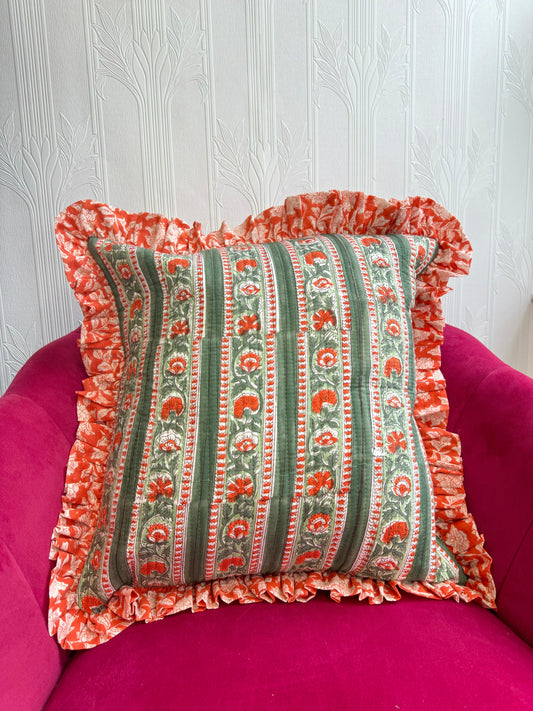 Quilted Cushion Cover Orange frill with green stripe design