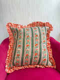 Quilted Cushion Cover Orange frill with green stripe design