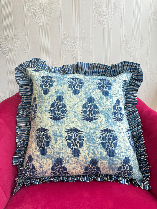 Quilted Cushion Cover with indigo flowers