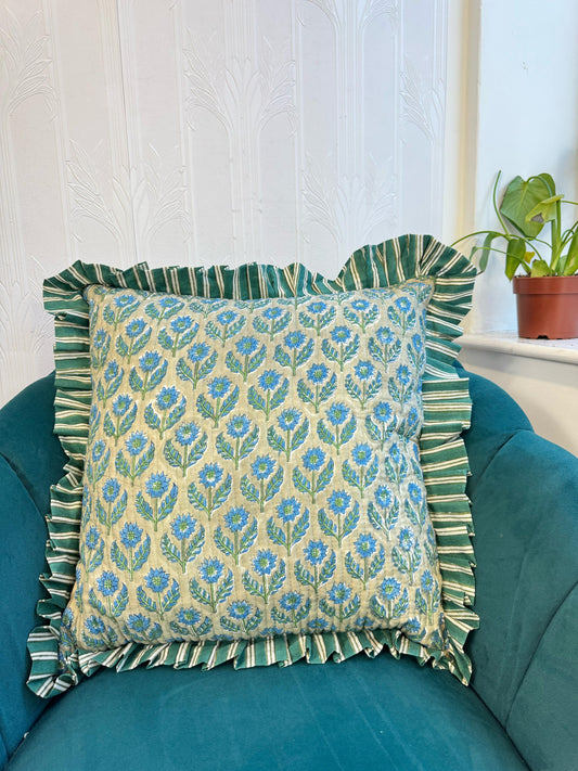 Quilted Cushion Cover Green with Sky blue motif