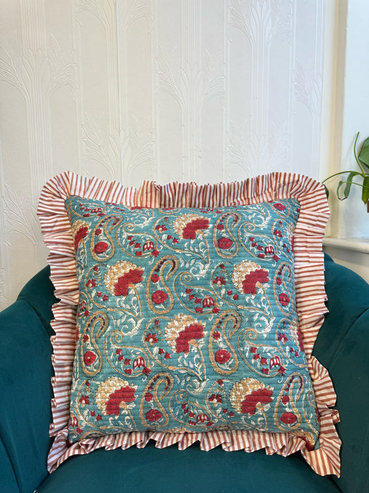 Quilted Cushion Cover Green with red beige flower