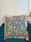 Quilted Cushion Cover Green with red beige flower