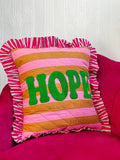 Embroidered Quilted Cotton Cushion Cover Yellow pink stripe with green HOPE