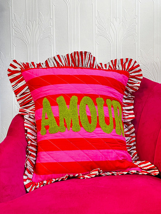 Embroidered Quilted Cotton Cushion Cover red purple stripe with green AMOUR