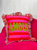 Embroidered Quilted Cotton Cushion Cover red purple stripe with green AMOUR