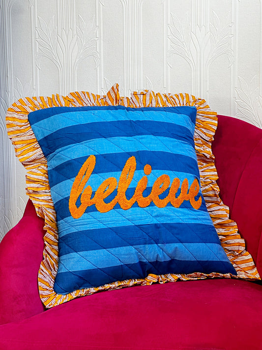 Embroidered Quilted Cotton Cushion Cover blue and sky blue stripe with musted BELIEVE