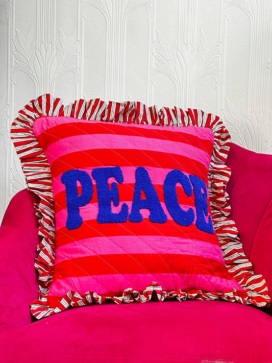 Embroidered Quilted Cotton Cushion Cover red pink stripe with blue PEACE