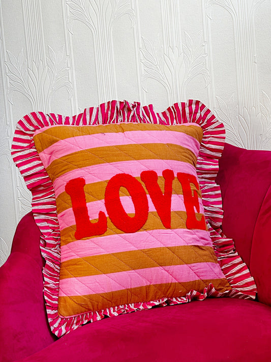 Embroidered Quilted Cotton Cushion Cover Yellow pink stripe with Red LOVE