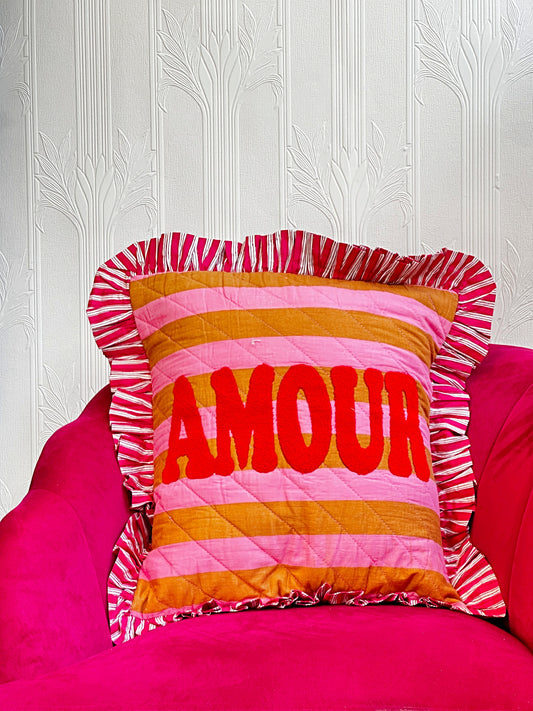 Embroidered Quilted Cotton Cushion Cover Yellow pink stripe with Red AMOUR