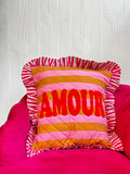 Embroidered Quilted Cotton Cushion Cover Yellow pink stripe with Red AMOUR