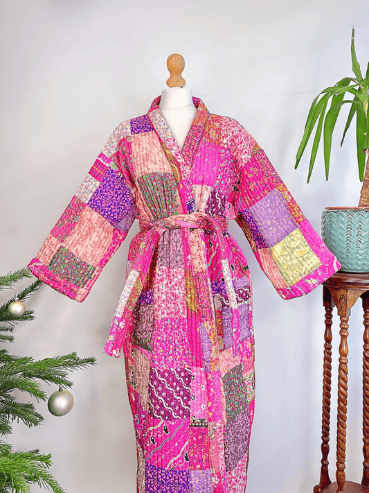 Quilted Unisex Silk bath robe Indian Paisley Floral Pink Lover Happy Bloom