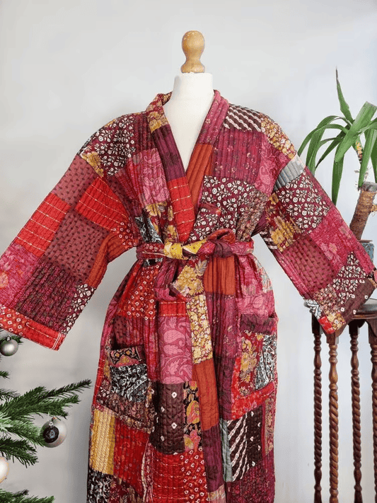 Quilted Unisex Silk bath robe Red Hue Mughal Floral Bloom