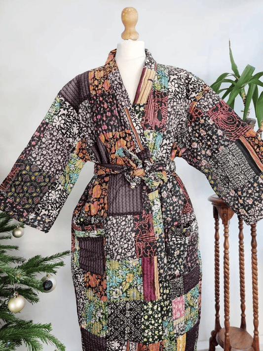 Quilted Unisex Silk bath robe Black Hue Mughal Floral Bloom