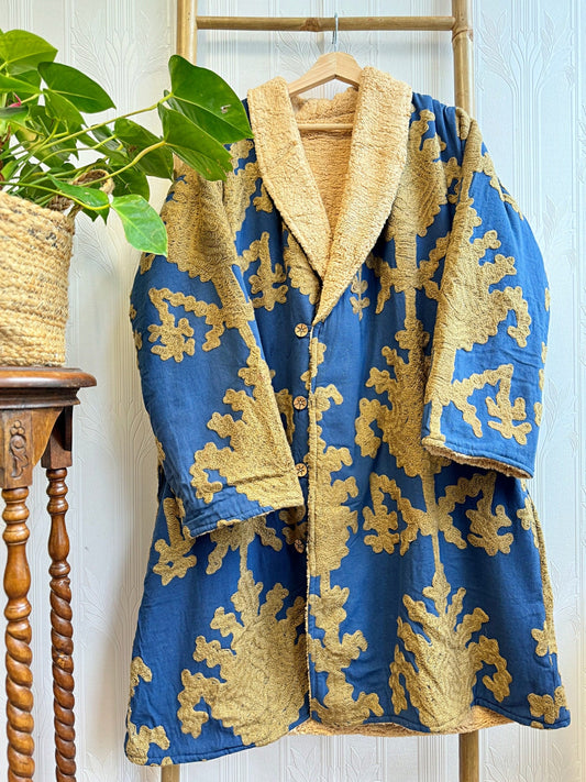 Suzani-Embroidered Fur Jacket with Wooden Buttons Blue Caramel Beige Mughal Motif