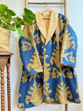Suzani-Embroidered Fur Jacket with Wooden Buttons Blue Caramel Beige Mughal Motif