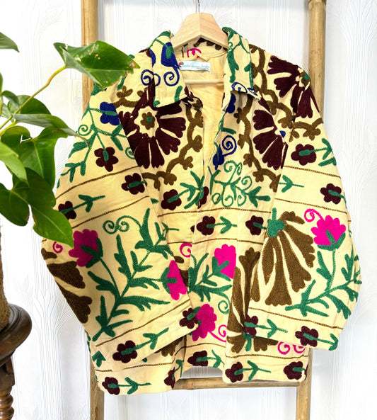 Artisan Suzani Embroidered Bolero Jacket Custard Beige