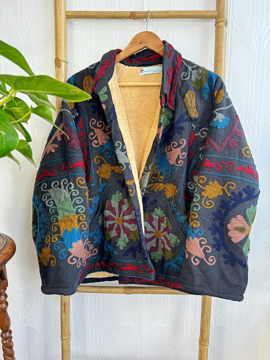 Boho Luxe Suzani Open Jacket with Fur Detailing Classic Elegant Slated Matt Black