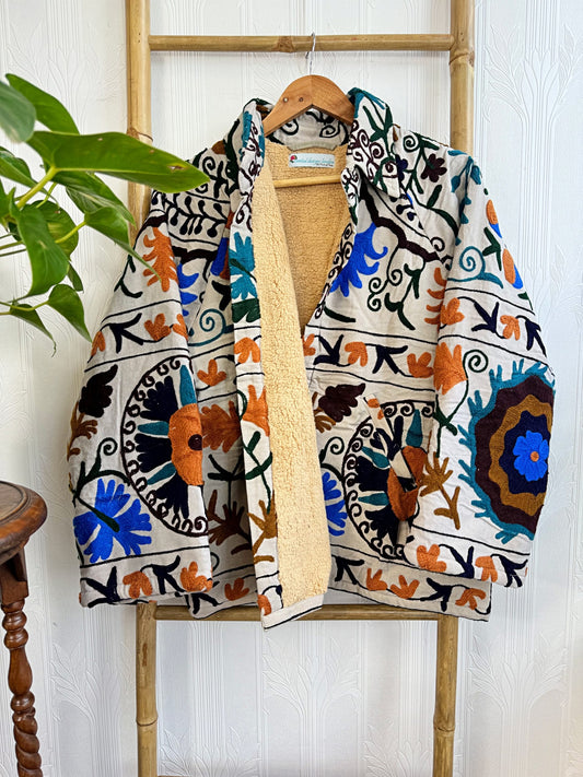 Boho Luxe Suzani Open Jacket with Fur Detailing Classic Elegant Slated beige
