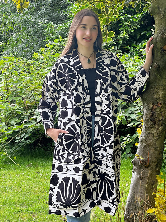 Suzani Hand Silk Thread Embroidered long length Kimono Classic Elegant Monochrome Black White