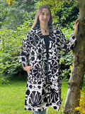 Suzani Hand Silk Thread Embroidered long length Kimono Classic Elegant Monochrome Black White