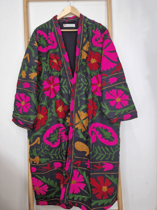 Suzani Hand Silk Thread Embroidered long length Kimono Classic Black Red Pink Green Mustard