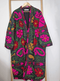 Suzani Hand Silk Thread Embroidered long length Kimono Classic Black Red Pink Green Mustard