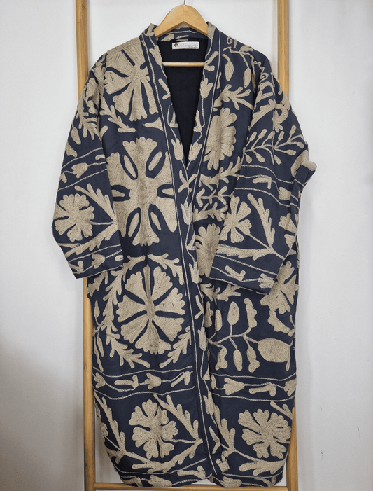 Suzani Hand Silk Thread Embroidered long length Kimono Classic Navy Blue Beige Taupe