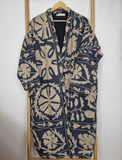 Suzani Hand Silk Thread Embroidered long length Kimono Classic Navy Blue Beige Taupe