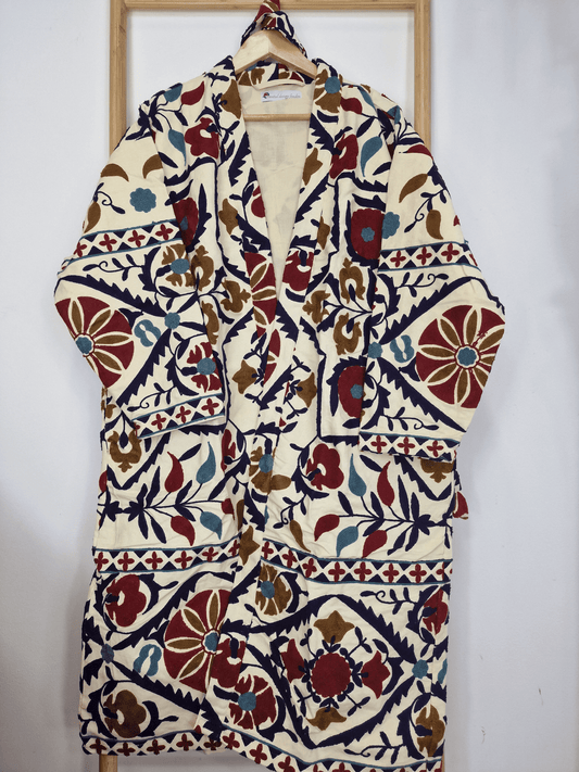 Suzani Hand Silk Thread Embroidered long length Kimono Classic Cream Ruby Red Slate Teal Autumn