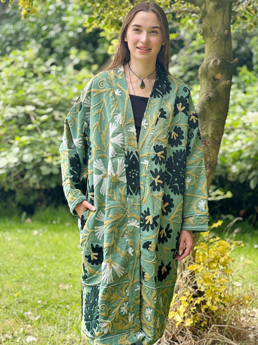 Suzani Hand Silk Thread Embroidered long length Kimono Slated Pistachio Green Sage Black White