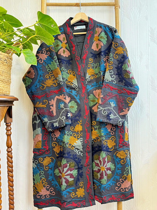 Suzani Hand Silk Thread Embroidered long length Kimono Classic Matt Black Muted Mustard Blue Red