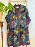 Suzani Hand Silk Thread Embroidered long length Kimono Classic Matt Black Muted Mustard Blue Red